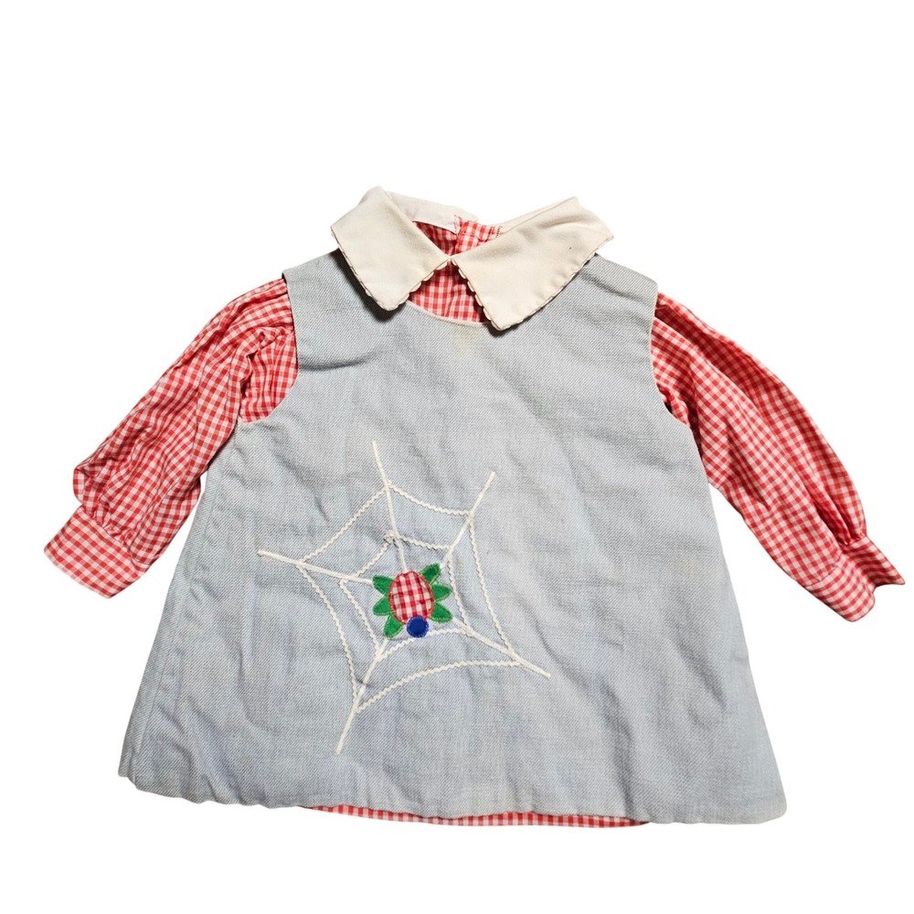 Vintage Chocolate Soup Spider Web Ladybug Embroidered Gingham Chambray Dress 12M